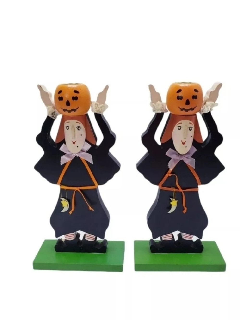 Fall Autumm Witches Wooden Candle Holders Set of 2 Halloween 10" H Vintage
